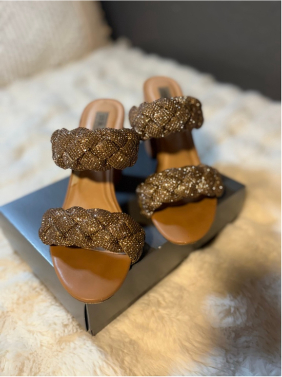 Steve Madden Shoes - Preowned,Steve Madden Kenley rhinestone braided block heel sandals, bronzesize 9